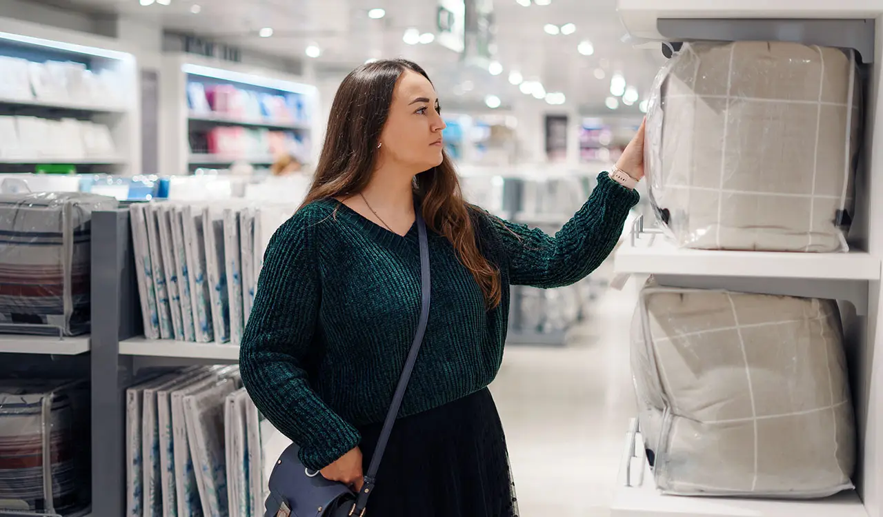 a woman in a green sweater and black skirt looking at a white object