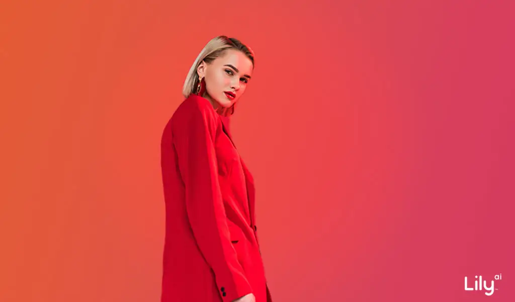 a woman in a red suit